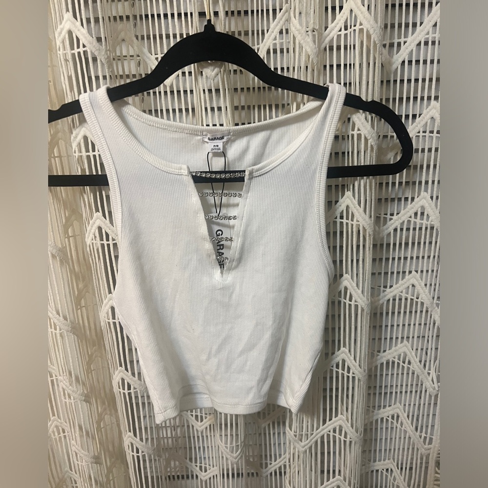 White deep v-neck tank with jewels
